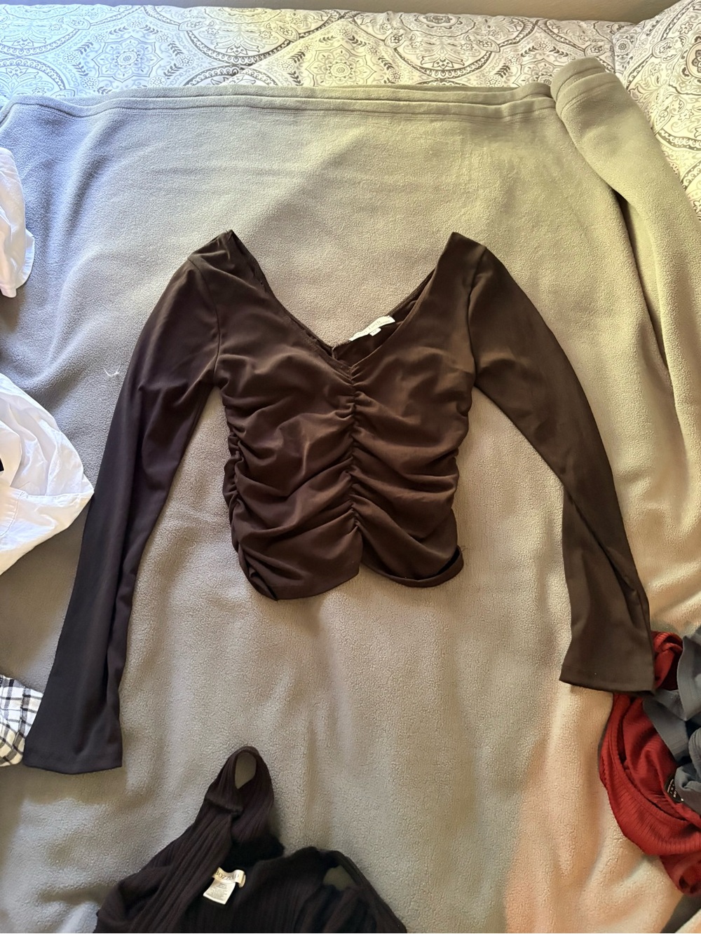 Velvet Torch Ruched V-Neck Long Sleeve Top